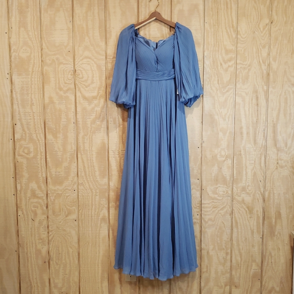 Alexander By Daymor NEW Blue Pleated Bishop Sleeve Maxi Gown Dress Size 6 #1792